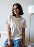 Women Summer Pajama set Off White T-shirt + Dark Blue Flowers Shorts